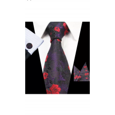3delige set stropdas manchetknopen pochet zwart paars rood Bloemetjes